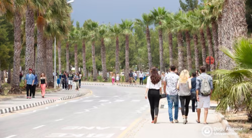 طلبة يسيرون في شارع النخيل داخل الحرم الجامعي لجامعة شرق البحر المتوسط